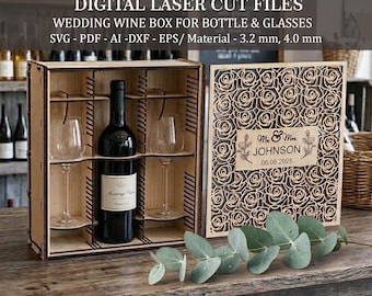 May include: A wooden wedding wine box with laser-cut rose design. The box holds a wine bottle and two glasses. The box lid has the names "Me & Mrs. Johnson" and the date "06.08.2025". The text "DIGITAL LASER CUT FILES" is at the top.