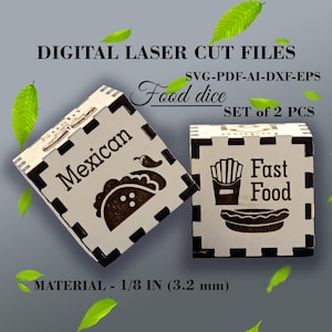 Takeout Food Dice SVG Set - 2 hölzerne Mahlzeit Entscheidung Würfel - Glowforge Dateien - Laser Schnitt Digital Download - Material - 3,2 mm GlowForge Dateien