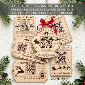 May include: A set of six laser-cut wooden Christmas ornaments featuring QR codes and festive text including Elf Security Badge, North Pole Mission Control, Polar Boarding Pass, Reindeer License, and Official Santa Tracker for The Smith Family.