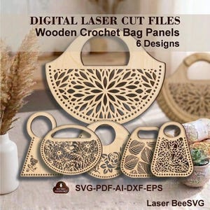 Pode incluir: Arquivos de corte a laser digitais para painéis de bolsas de crochê de madeira. A imagem mostra seis designs diferentes, incluindo padrões florais e de folhas, com um acabamento de madeira natural. O texto na imagem diz "DIGITAL LASER CUT FILES Wooden Crochet Bag Panels 6 Designs".