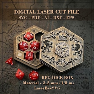 Caja para dados de juegos de rol (archivos SVG) - Archivos de corte láser para soporte de dados de madera - Compatible con juegos de dados estándar - Descarga digital para Glowforge y LightBurn