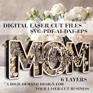 SVG con la frase "MAMÁ TE AMO" en capas - Archivo cortado con láser para el Día de la Madre - Letrero de regalo para mamá - Decoración para mamá - Descarga digital - Archivos Glowforge y LightBurn