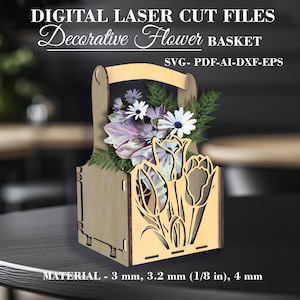 Bloemenmand lasergesneden bestand - decoratieve geschenkmand SVG - mand met uitgesneden tulp - Glowforge-bestanden - digitale download - geen lijmmontage