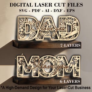 MAMÁ Y PAPÁ Te amo SVG - Letreros de regalo multicapa para padres - Archivos cortados con láser para el Día de la Madre y el Padre - Descarga digital Glowforge LightBurn