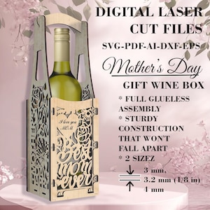 Caja de vino para el Día de la Madre cortada con láser SVG - Caja de botella SVG personalizable - 2 tamaños - Descarga digital Archivo GlowForge y Lightburn - 3 mm, 3,2 mm, 4 mm