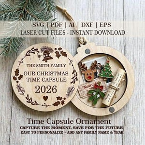 Enfeite de Cápsula do Tempo de Natal em SVG · Lembrança de Família para 2026 · Arquivo para Corte a Laser · Download Instantâneo