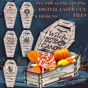 Halloween Coffin Candy Box SVG - 6 Lid Designs - Digital Laser Cut Files for Glowforge xTool LightBurn – Halloween Treat Box - 1/8" (3.2mm)