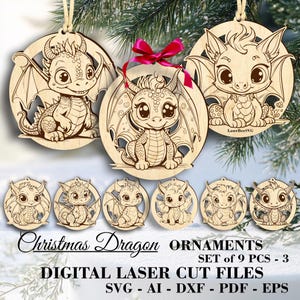 Charmante Baby-Drache Weihnachtsschmuck SVG - Set von 9 einzigartigen Designs - Laser Cut Dateien - Digital Download - Glowforge & LightBurn bereit