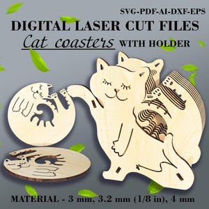 Könnte beinhalten: Lasergeschnittene Holz-Katzenuntersetzer mit Halter. Die Untersetzer sind in Form einer zusammengerollten Katze geformt und der Halter ist eine stehende Katze. Die Untersetzer sind in den Stärken 3 mm, 3,2 mm (1/8 Zoll) und 4 mm erhältlich.