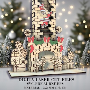 Może przedstawiać: Wycinana laserowo scena kominka bożonarodzeniowego z Mikołajem, prezentami, skarpetami i kokardkami. Projekt zawiera liczby 24 i 25. Widoczny jest tekst "DIGITA LASER CUT FILES". Materiał ma grubość 3,2 mm.