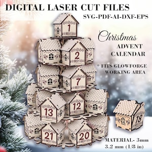 Advent Calendar with Mini Houses Christmas Countdown SVG Laser Cut File Snowflake Stand Glowforge Compatible Display Material - 3 mm, 3.2 mm