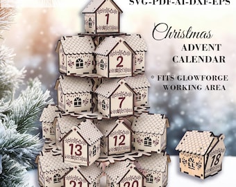 Christmas Advent Calendar SVG – Snowflake Mini Houses, Glowforge Compatible (Digital Download)