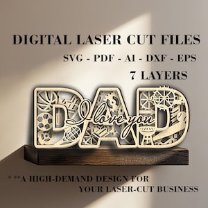 PAI Eu te amo SVG - Placa de dia dos pais de 7 camadas - Arquivo cortado a laser - Download digital - Pronto para Glowforge e LightBurn