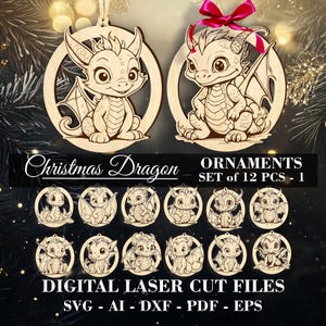 Enfeites de Natal de Dragão Bonito SVG - Conjunto de 12 Designs Exclusivos 01 - Arquivos Recortados a Laser - Download Digital - Pronto para Glowforge e LightBurn