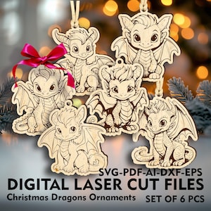 Adorno de dragón navideño digital - juego de 6 piezas SVG Lindo adorno de dragón SVG Archivos cortados con láser Archivo GlowForge Archivo Lightburn Archivo Xtool