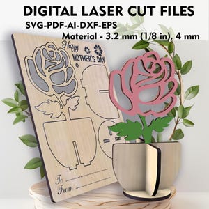 Cartão de feliz dia das mães SVG Cartão pop-up de flores SVG Cartão de felicitações para mães Arquivos de corte a laser digital Arquivos GlowForge Arquivos Lightburn M - 3,2 mm, 4 mm