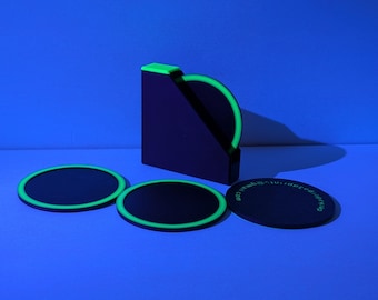 Glow in the Dark Coaster Set, Black PLA Coasters & Holder