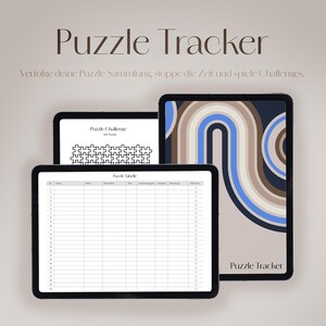 Op de afbeelding: Een digitale planner om het voltooien van puzzels bij te houden. De planner bevat een tabel om puzzelgegevens te loggen, een uitdagingssectie en een kleurrijk abstract ontwerp. De tekst op de planner luidt "Puzzle Tracker" en "Puzzle Challenge 100 Puzzles".