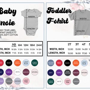 Pu&ograve; includere: Una tabella taglie per body da neonato e t-shirt per bambini piccoli. La tabella include le misure in pollici per larghezza e lunghezza, insieme a una tavolozza di colori con rosso, nero e altri colori. Il testo include "Easy Tear Label" e "Infant Unisex Fit."