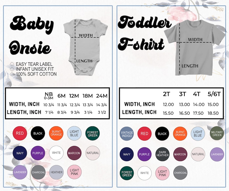 Pu&ograve; includere: Una tabella taglie per body da neonato e t-shirt per bambini piccoli. La tabella include le misure in pollici per larghezza e lunghezza, insieme a una tavolozza di colori con rosso, nero e altri colori. Il testo include "Easy Tear Label" e "Infant Unisex Fit."