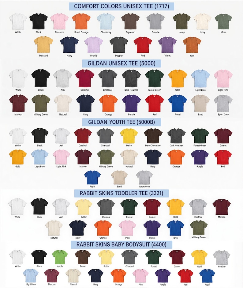 Puede incluir: Una tabla de colores completa que muestra varios estilos de camisetas y bodies, incluidos Comfort Colors 1717, Gildan 5000, Gildan 5000B, Rabbit Skins 3321 y 4400. Cada fila presenta m&uacute;ltiples prendas de manga corta en diversos colores s&oacute;lidos con etiquetas.