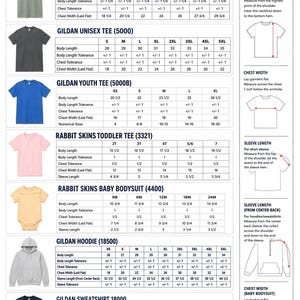 Puede incluir: Una tabla de tallas completa para diversas prendas, incluyendo camisetas Comfort Colors y Gildan, sudaderas con capucha, sudaderas y bodys para beb&eacute;s. La tabla muestra medidas de longitud y ancho en pulgadas para m&uacute;ltiples tallas.