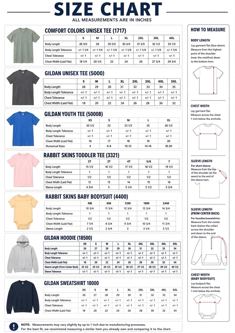 Puede incluir: Una tabla de tallas completa para diversas prendas, incluyendo camisetas Comfort Colors y Gildan, sudaderas con capucha, sudaderas y bodys para beb&eacute;s. La tabla muestra medidas de longitud y ancho en pulgadas para m&uacute;ltiples tallas.