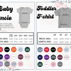 May include: A product chart for baby onesies and toddler t-shirts. The chart includes size measurements in inches for width and length, along with a color palette featuring red, black, and other colors. The text includes "Easy Tear Label" and "Infant Unisex Fit."
