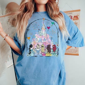 May include: A light blue t-shirt with a graphic of a pink and blue castle with fireworks and balloons. Seven princesses are standing in front of the castle.