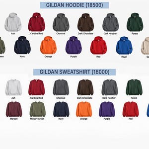 Puede incluir: Una carta de colores que muestra sudaderas con capucha Gildan 18500 y sudaderas Gildan 18000 en varios tonos, incluyendo blanco, negro, ceniza, rojo cardenal, carb&oacute;n, chocolate oscuro, brezo oscuro, bosque, granate, oro, granate, verde militar, azul marino, naranja, morado, rojo, real, arena, gris deportivo, azul claro y rosa claro.