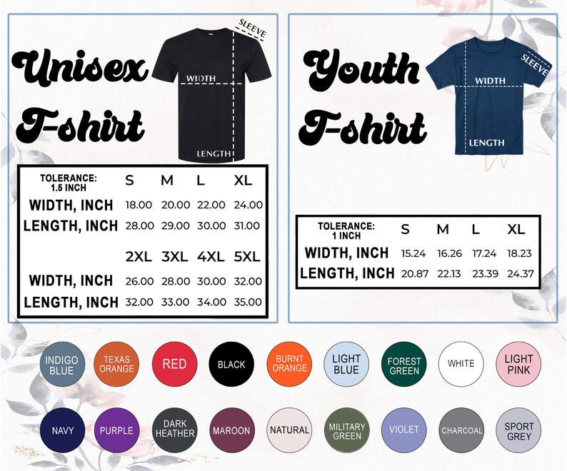 Pu&ograve; includere: Immagine che mostra tabelle delle taglie per t-shirt unisex e da bambino. La tabella unisex include misure di larghezza e lunghezza in pollici per le taglie S, M, L, XL, 2XL, 3XL, 4XL e 5XL. La tabella da bambino fornisce misure per le taglie S, M, L e XL. Sono visualizzate anche campioni di colore.