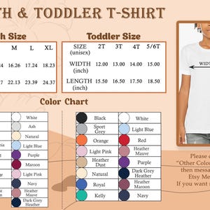 Peut inclure: Image d'un tableau des tailles de t-shirts pour enfants et tout-petits, avec des mesures en pouces. Le tableau d&eacute;taille les dimensions de largeur et de longueur pour diff&eacute;rentes tailles, ainsi qu'un nuancier avec diverses options de couleurs.
