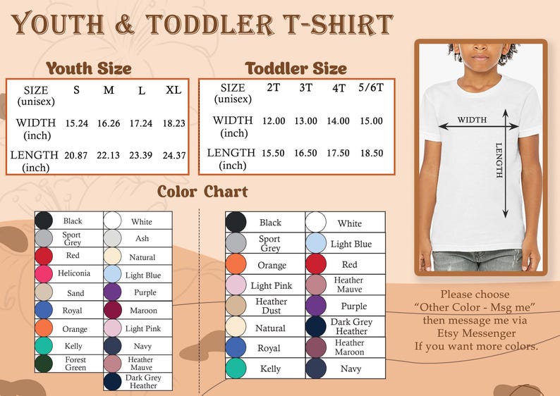 Peut inclure: Image d'un tableau des tailles de t-shirts pour enfants et tout-petits, avec des mesures en pouces. Le tableau d&eacute;taille les dimensions de largeur et de longueur pour diff&eacute;rentes tailles, ainsi qu'un nuancier avec diverses options de couleurs.