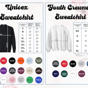 Pu&ograve; includere: Immagine con tabelle delle taglie per felpe unisex e per bambini. La tabella unisex include taglie dalla S alla 5XL, con misure in pollici. La tabella per bambini include taglie dalla XS alla XL. Sono visualizzate anche le opzioni di colore.