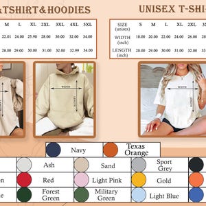 Peut inclure: Image pr&eacute;sentant des tableaux de tailles pour t-shirts et sweats &agrave; capuche unisexes. Les tableaux affichent les mesures de largeur et de longueur en pouces pour les tailles S &agrave; 5XL. Les options de couleurs incluent le blanc, le noir et le bleu marine.
