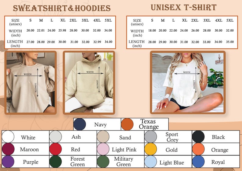 Peut inclure: Image pr&eacute;sentant des tableaux de tailles pour t-shirts et sweats &agrave; capuche unisexes. Les tableaux affichent les mesures de largeur et de longueur en pouces pour les tailles S &agrave; 5XL. Les options de couleurs incluent le blanc, le noir et le bleu marine.