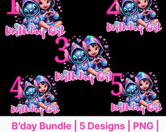 Lilo & Stitch Birthday Girl PNG Bundle: T-Shirt Designs, Ages 1-5 (Digital Download)