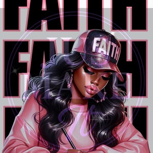 以下が含まれることがあります： 「FAITH」の文字が入ったピンク色の野球帽をかぶった女性のデジタルイラスト。ノートに書き込んでいます。背景には太字で「FAITH」の文字が繰り返されています。