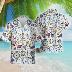 May include: White button-up shirt with a science-themed pattern. The shirt features various science-related illustrations, including atoms, brains, and formulas, with the word "SCIENCE" in blue. The shirt is short-sleeved.