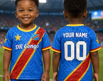 Camiseta de fútbol infantil personalizada de la República Democrática del Congo con nombre y número personalizados.