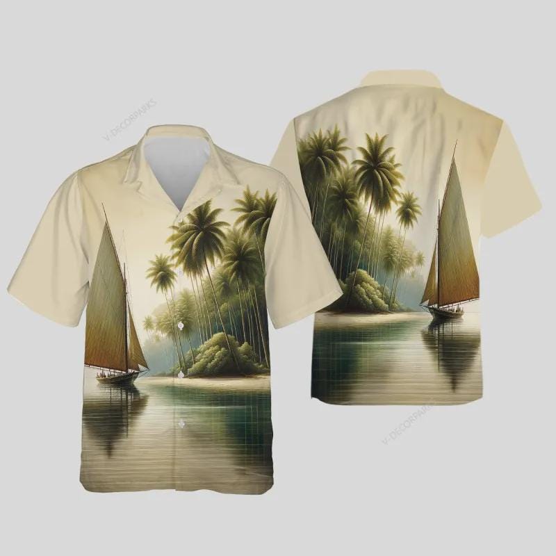 Discover Tropical Beach Palm Tree Hawaiian Shirt For Men Women, Sailing Boat Aloha Mens Casual Summer Beach Shirt, Palm Tree Shirts