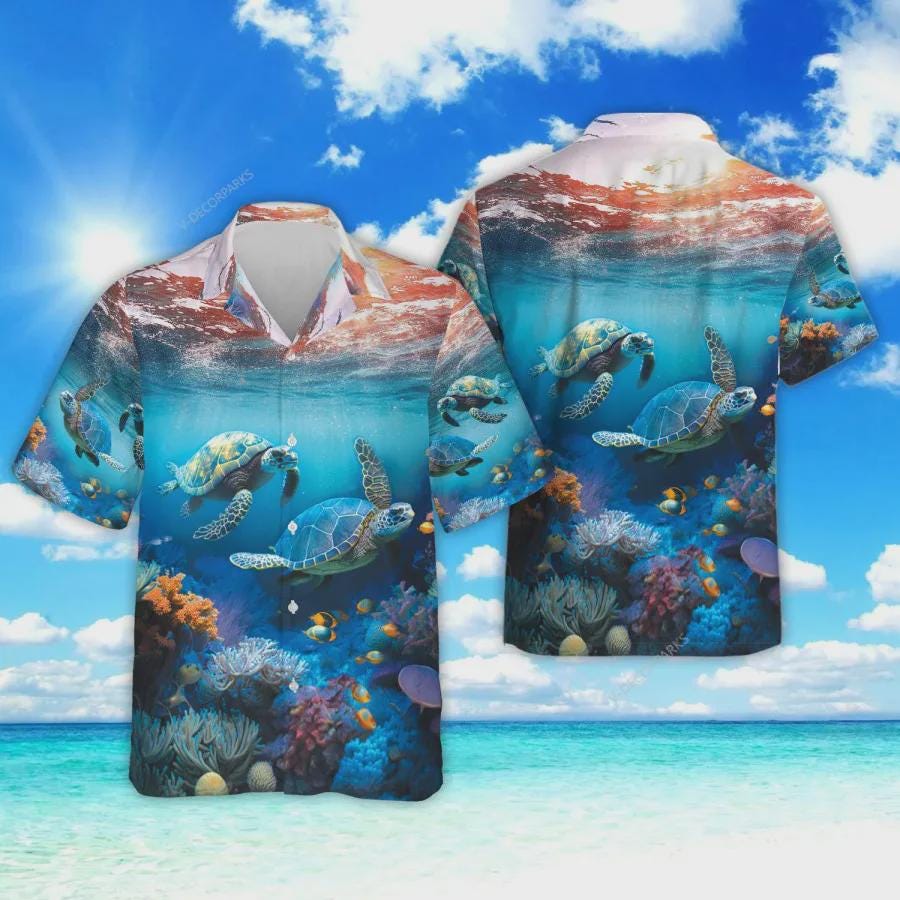Discover Sea Turtle Hawaiian Shirts, Marine Life Tropical Summer Beach Shirts, Tropical Ocean Coral Aloha Shirt, Sea Animals Button Down Short Sleeve