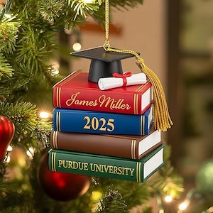 Personalized Graduation Ornaments Class of 2025, Custom Name Year and School Name, High School Senior, College Graduated Gifts, Book Stack