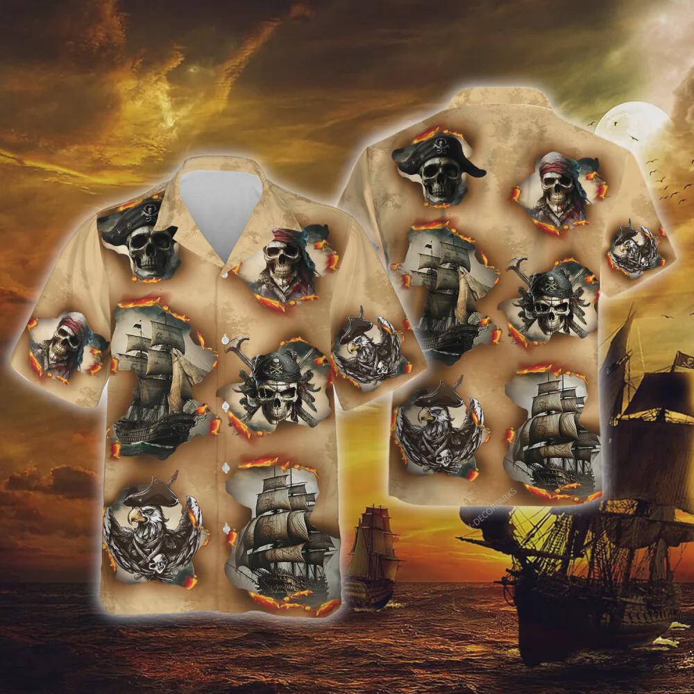 Discover Pirate Skull Hawaiian Shirts For Men Women, Pirate Story Summer Aloha Beach Shirt, Horror Ship Casual Button Down Short Sleeves Shirt