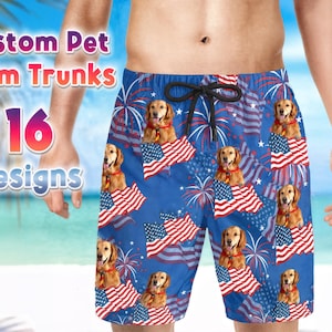 Custom Face Swim Trunks with liner, Custom Men beach shorts with dog face, Personalized American Flag Men bathing suit, Custom Men Swimwear