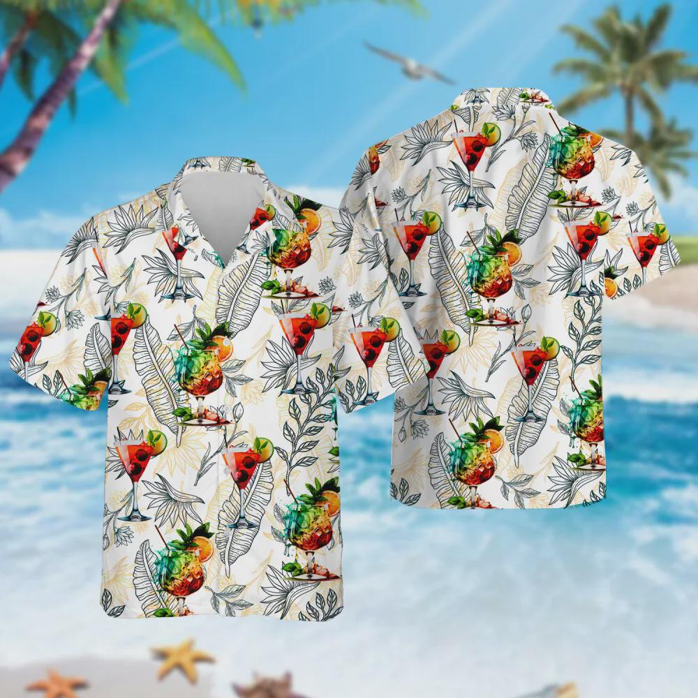 Discover Cocktail Hawaiian Shirt, Tropical Leaves Aloha Button Down Shirts, Vacation Family Clothing, Summer Trip Gift