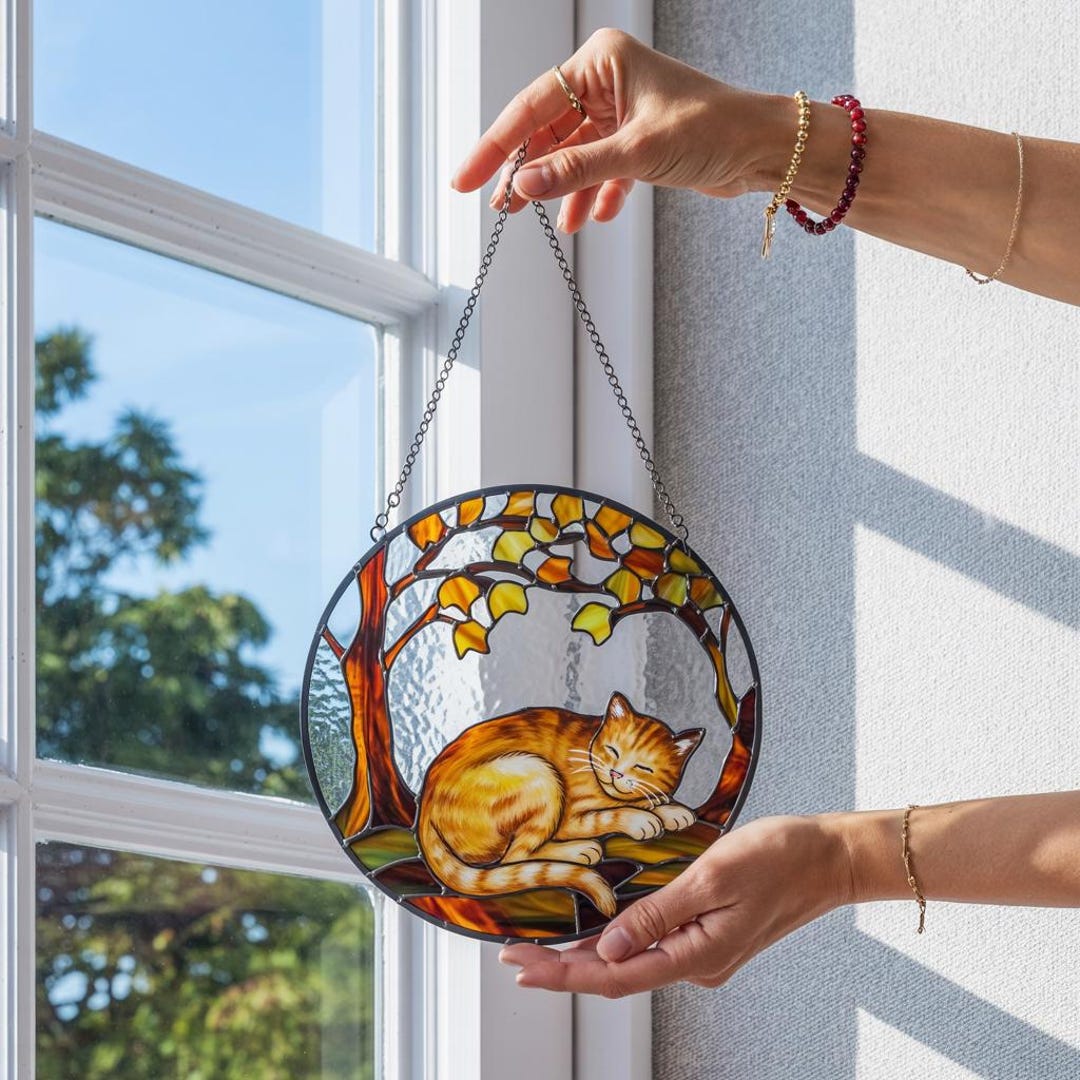 Orange Tabby Cat Sleeping Stained Glass Suncatcher: Cat Window Hanging ...