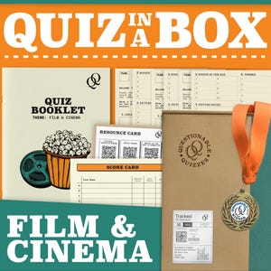 May include: A brown box with a label that says "Questionable Quizzes" and a gold medal with the words "Questionable Quiz Winner". The box contains a quiz game about film and cinema. The game includes a quiz booklet, a resource card, a score card, and a picture round.