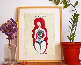 Art Print "My body, My Temple", Red-Haired Girl, Empowered Wild Woman, Body Positivity, Sacred Feminine, Self Love, My Body My Choice