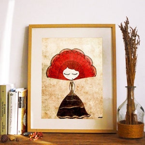 Art Print "Flamenca", flamenco dancer, black dress, illustrated girl, wall art, feminist art, naive art, Spanish woman, Whimsical Art